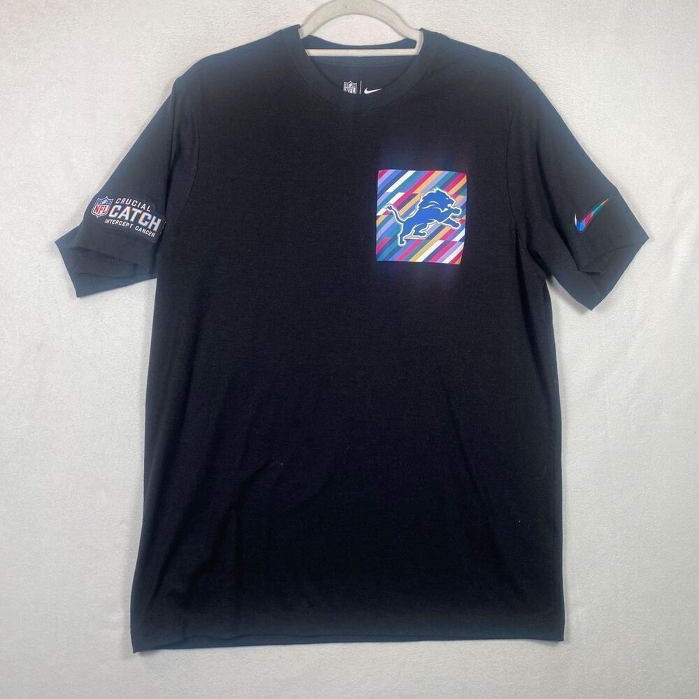Nike NFL Detroit Lions Crucial Catch Intercept Cancer T-Shirt Black Rainbow Logo